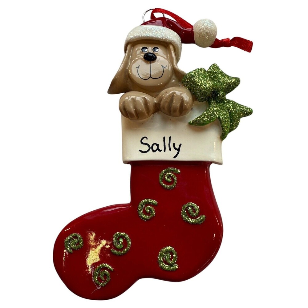 RUDOLPH and ME Christmas Ornament DOG in Stocking "Sally" Ceramic